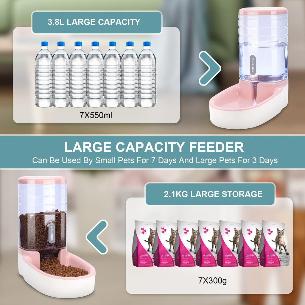 Automatic Dog Cat Feeder and Water Dispenser Set,Waterer and Gravity Food Feeder for Small & Medium Dogs Cats Puppies,Large Capacity 1 Gallon X 2(Pink)