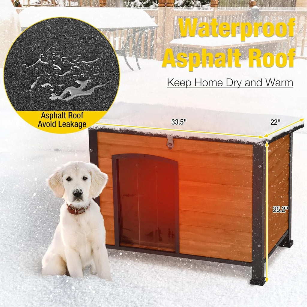 Heated Outdoor Dog House with Heating Pad & Insulated Liner, Winter Weatherproof Anti-Chewing Dog Kennel, Iron, Brown