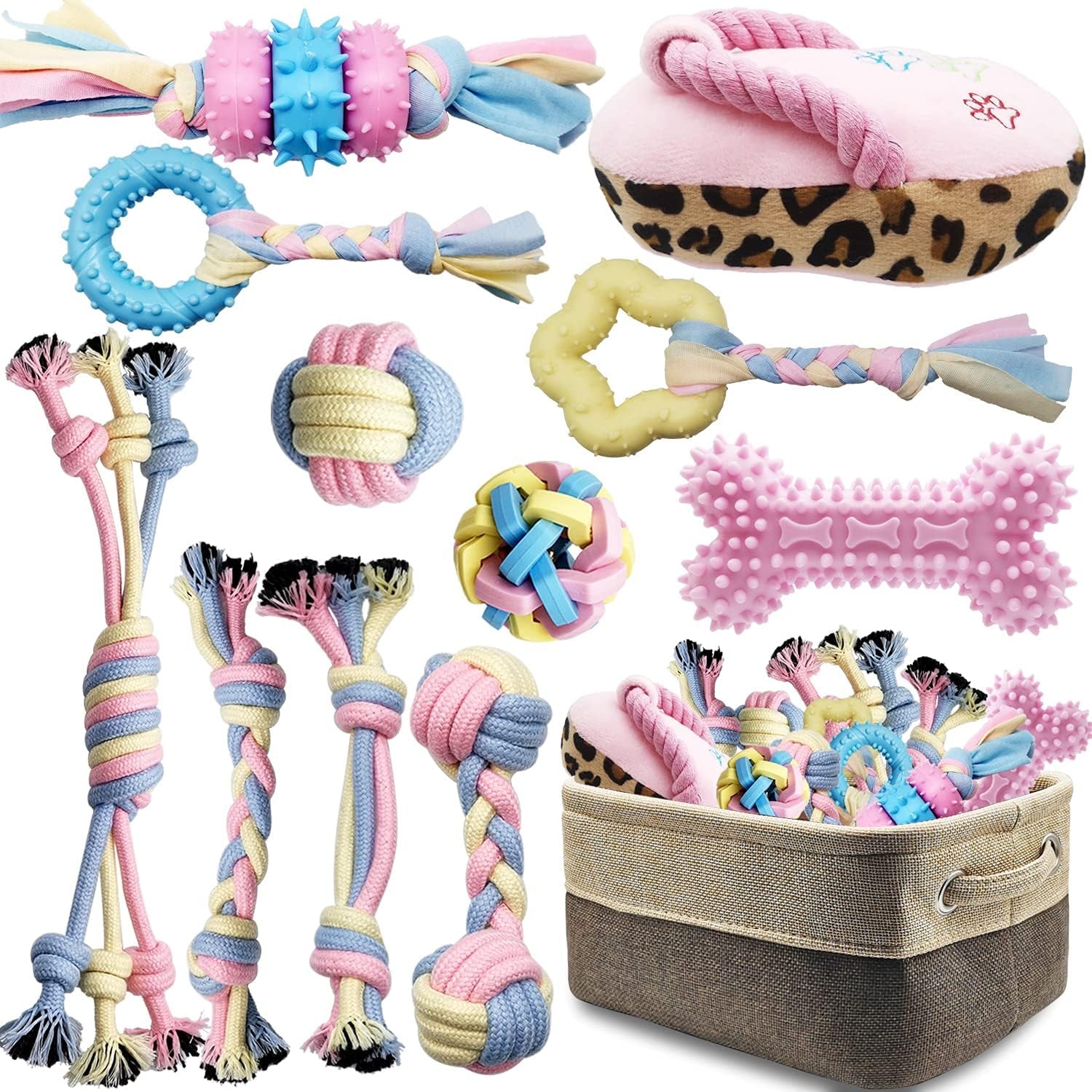 Puppy Chew Toys for Teething Puppy Toys Small Dog Rope Balls for Teething Chew Interactive Teeth Cleaning Tug Toys Storage Baske