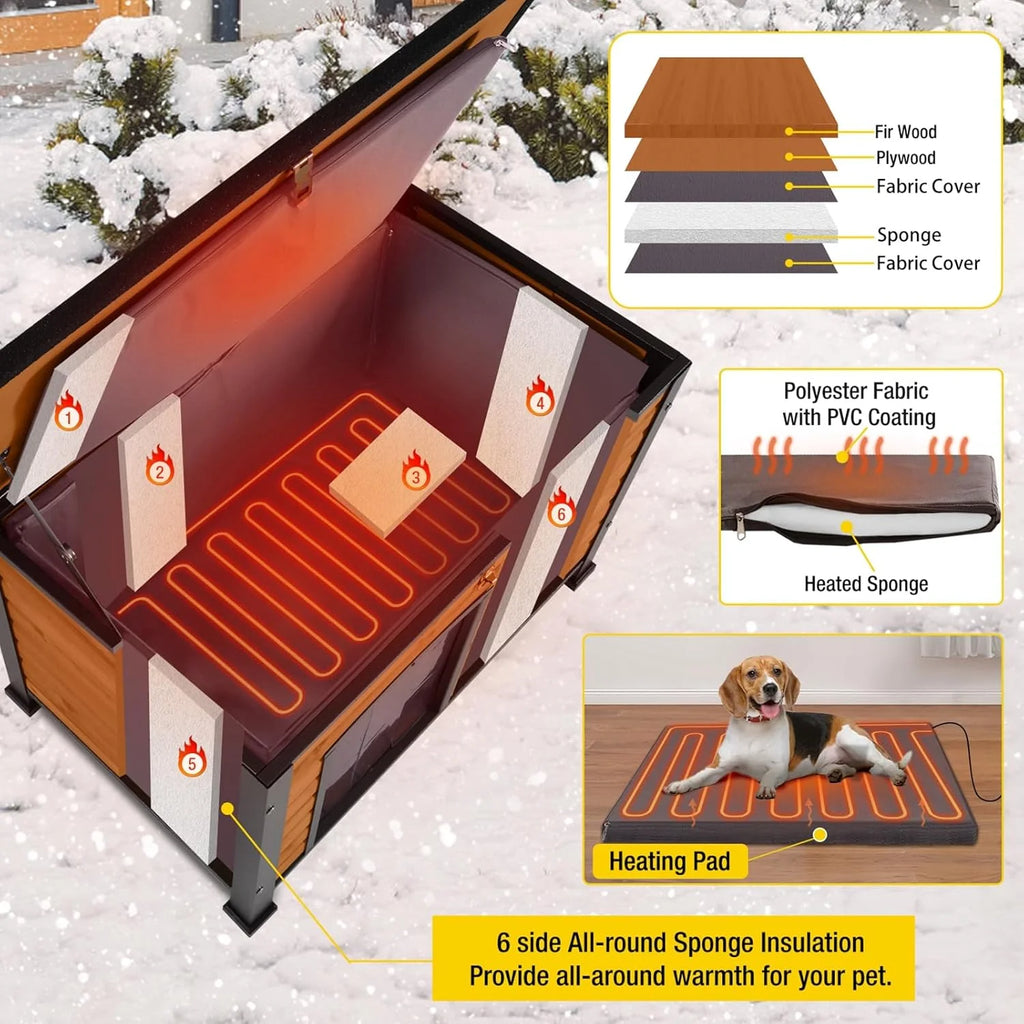 Heated Outdoor Dog House with Heating Pad & Insulated Liner, Winter Weatherproof Anti-Chewing Dog Kennel, Iron, Brown
