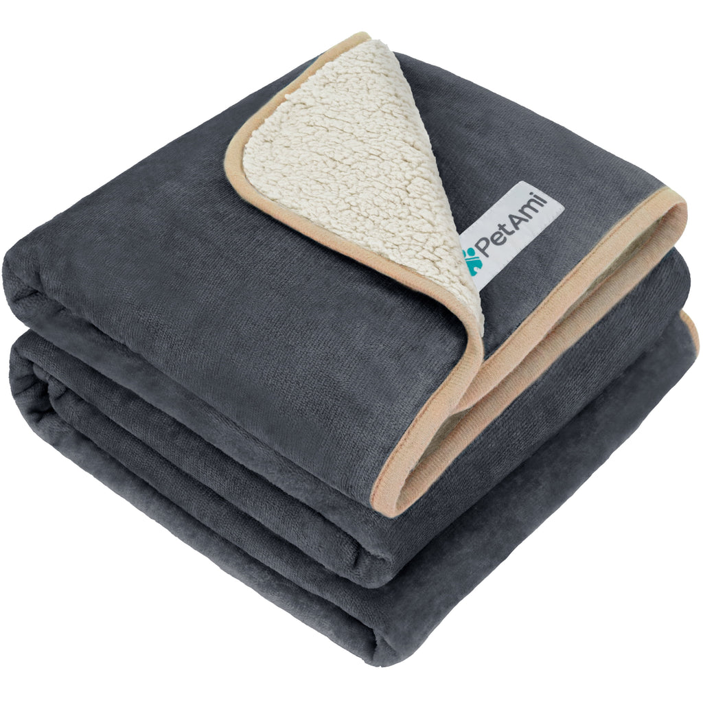 Waterproof Dog Blanket for Large Giant Dogs, Pee Proof Pet Blanket Sherpa Fleece Crate Cover, Reversible Cat Throw Bed Kennel Protector, Soft Plush Washable Pad (Queen 90X90, Gray/Beige)