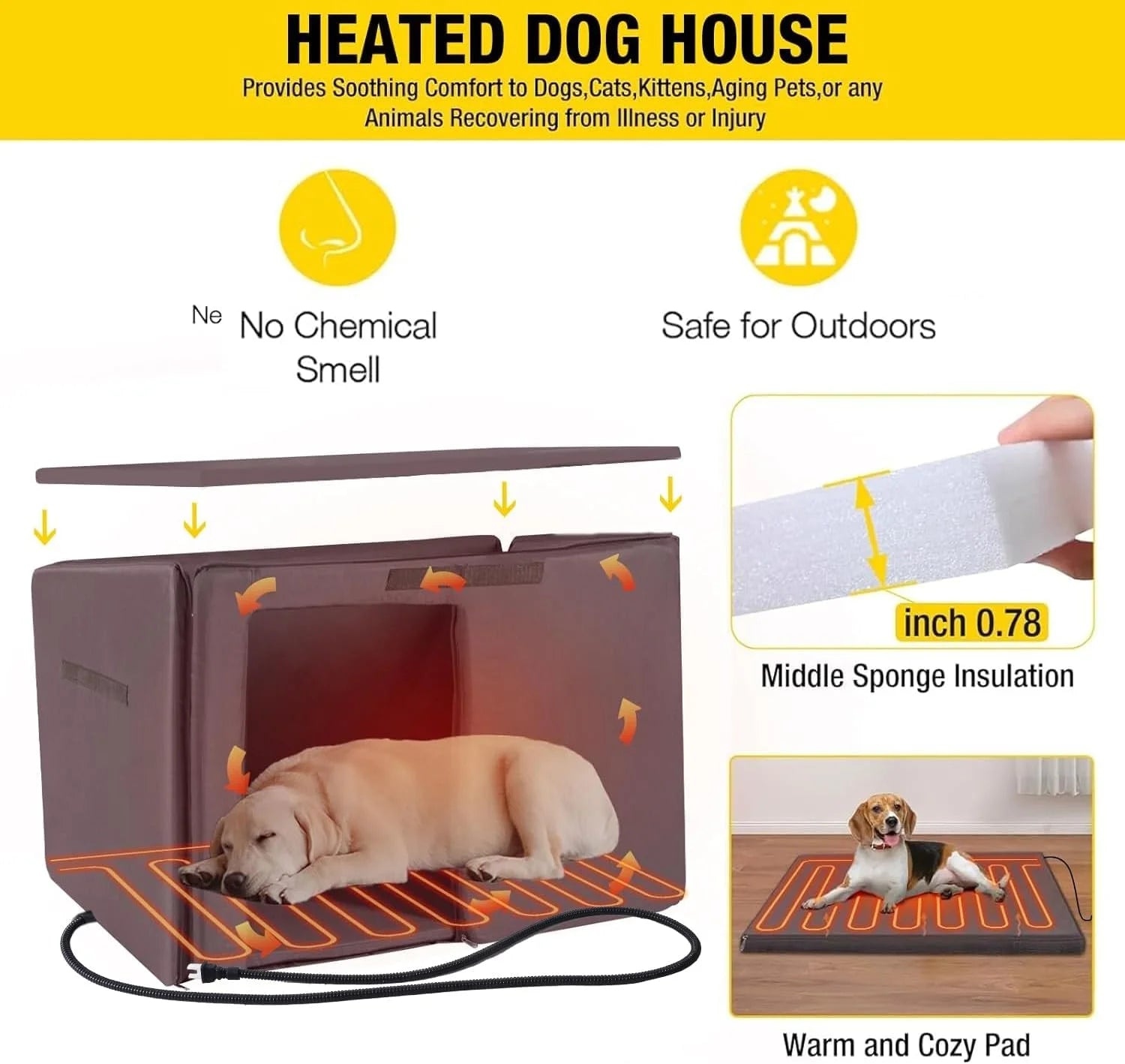 Heated Outdoor Dog House with Heating Pad & Insulated Liner, Winter Weatherproof Anti-Chewing Dog Kennel, Iron, Brown