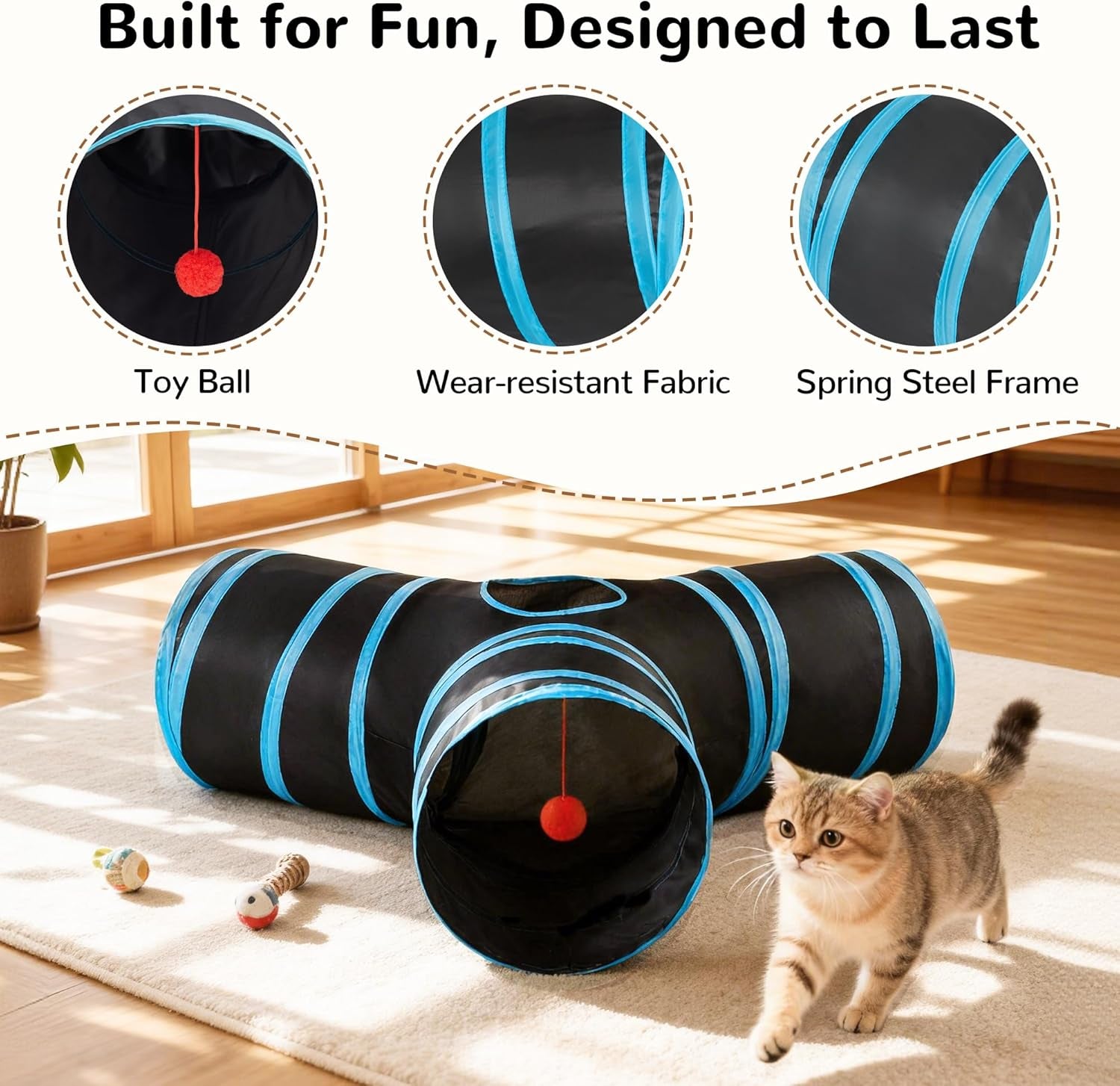 Pet Cat Tunnel Tube Cat Toys 3 Way Collapsible, Tunnels for Indoor Cats，Kitty Bored Peek Hole Toy Ball Cat, Puppy, Kitty, Kitten, Rabbit