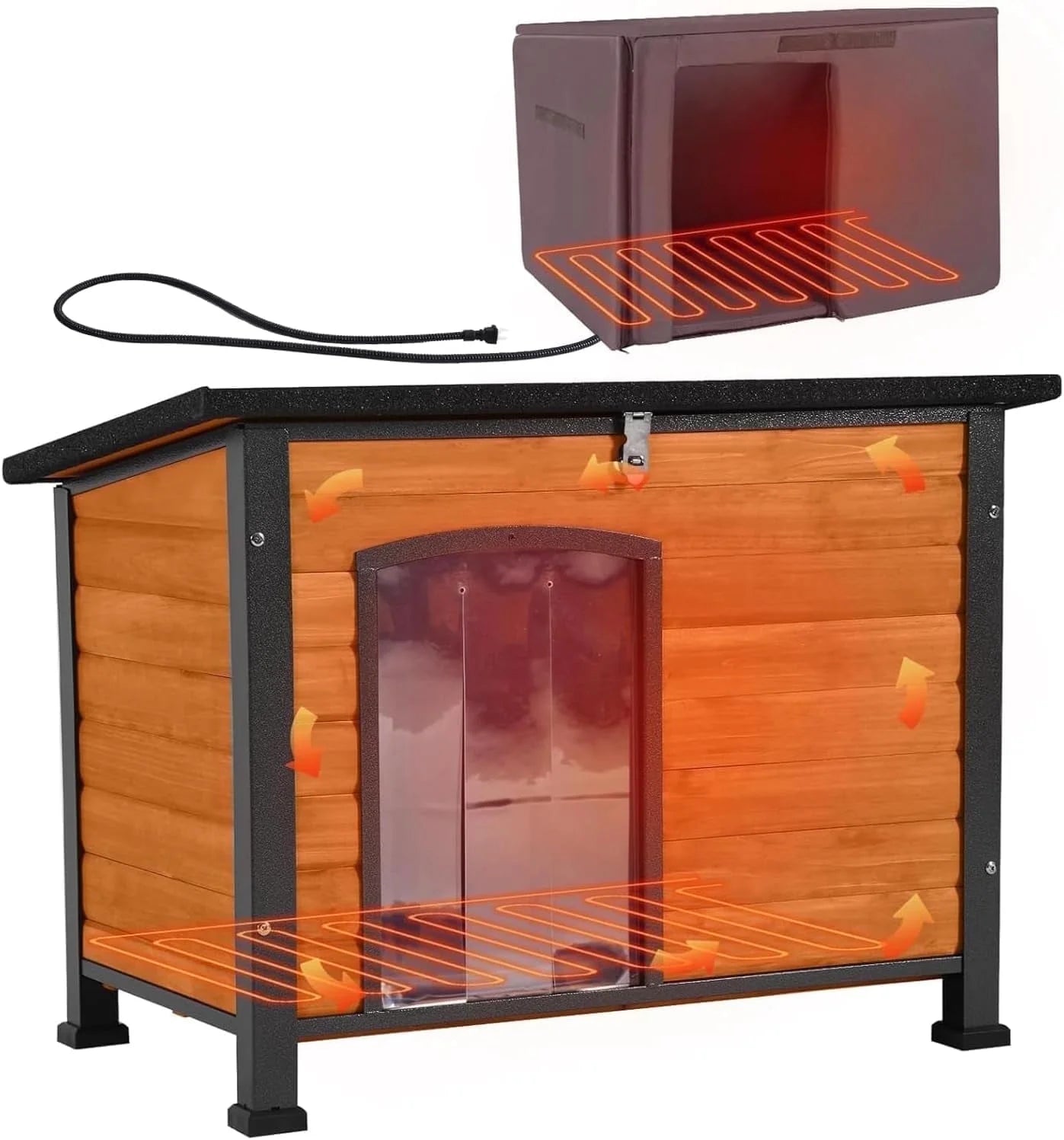 Heated Outdoor Dog House with Heating Pad & Insulated Liner, Winter Weatherproof Anti-Chewing Dog Kennel, Iron, Brown