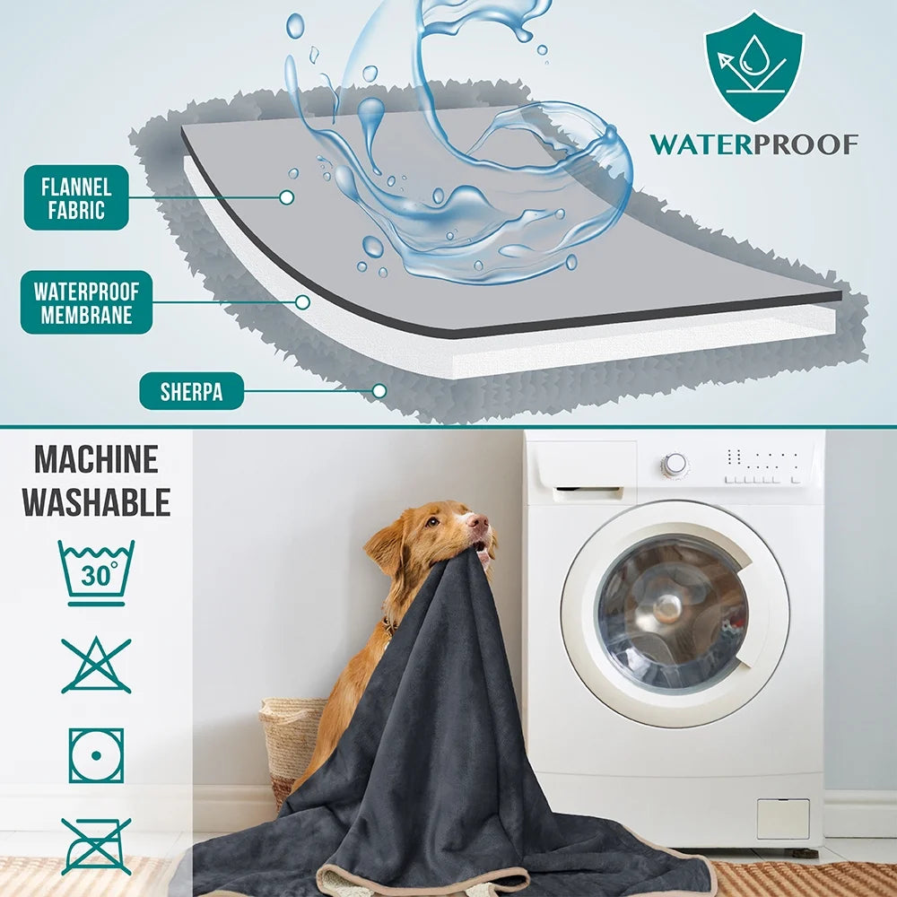Waterproof Dog Blanket for Large Giant Dogs, Pee Proof Pet Blanket Sherpa Fleece Crate Cover, Reversible Cat Throw Bed Kennel Protector, Soft Plush Washable Pad (Queen 90X90, Gray/Beige)
