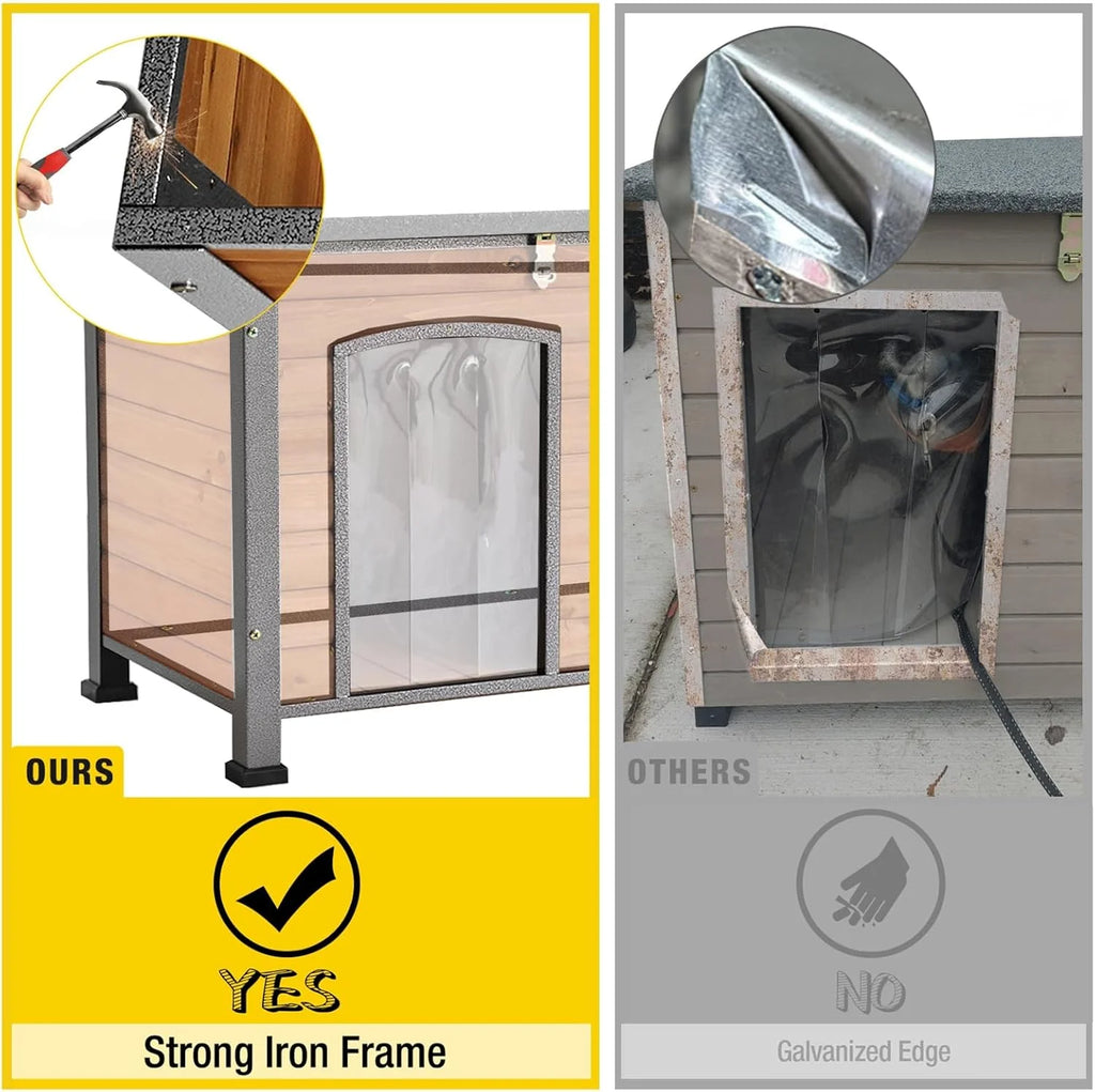 Heated Outdoor Dog House with Heating Pad & Insulated Liner, Winter Weatherproof Anti-Chewing Dog Kennel, Iron, Brown