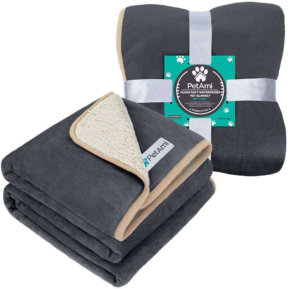 Waterproof Dog Blanket for Large Giant Dogs, Pee Proof Pet Blanket Sherpa Fleece Crate Cover, Reversible Cat Throw Bed Kennel Protector, Soft Plush Washable Pad (Queen 90X90, Gray/Beige)